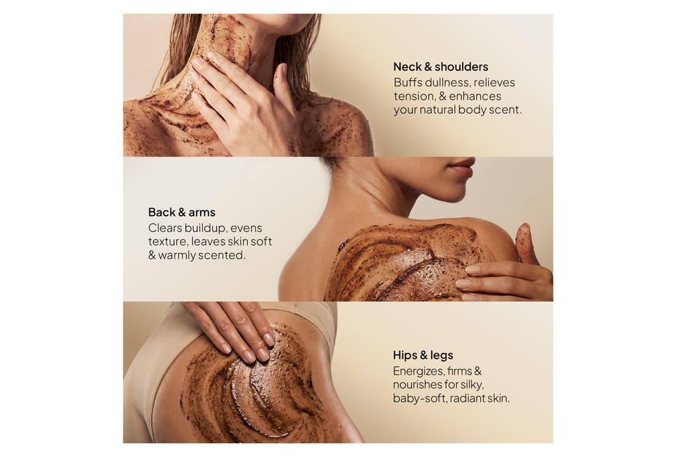CoBa’s Daughter Body Exfoliator 300gr is shown being applied to the neck and shoulders, clearing dullness and tension. The exfoliator also targets the back and arms and is designed for hips and legs, promoting soft, radiant skin.