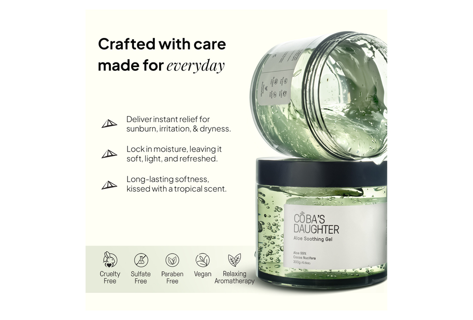 Gel làm dịu da CoBa's Daughter chứa 99% lô hội, giúp giảm dị ứng và mang lại cảm giác tươi mát, với hương thơm nhiệt đới.