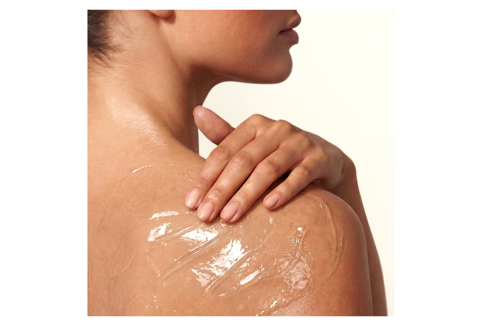 Nữ giới đang thoa CoBa’s Daughter Aloe Soothing Gel 300gr lên vai, gel trong suốt giúp làm dịu da và cung cấp độ ẩm.