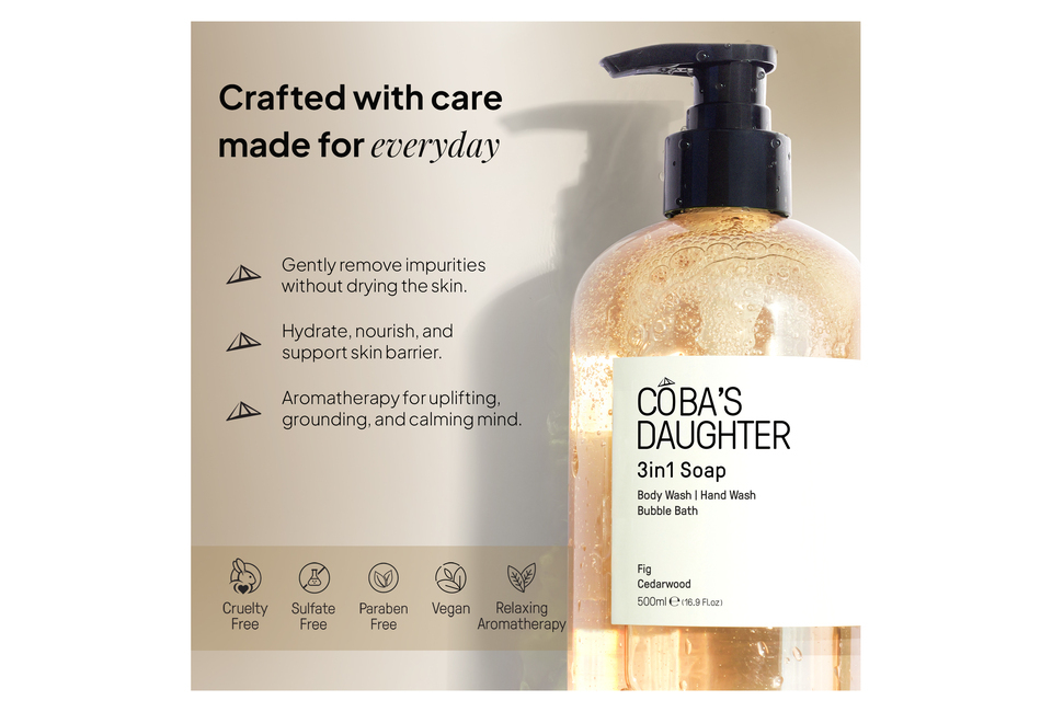 Gel Tắm Rửa tay Tắm Bồn CoBa's Daughter 3in1 Bodywash, Hand Wash and Bubble Bath 500ml với hương Fig & Cedarwood, giúp loại bỏ tạp chất mà không làm khô da, với công thức dưỡng ẩm và nuôi dưỡng làn da, an toàn cho mọi người.