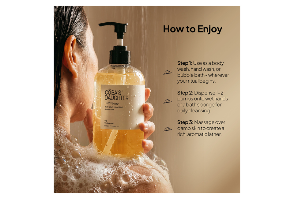 Gel Tắm Rửa tay Tắm Bồn CoBa's Daughter 3in1 Bodywash, Hand Wash and Bubble Bath 500ml - Fig & Cedarwood. Hướng dẫn sử dụng với ba bước đơn giản để làm sạch và chăm sóc da hàng ngày.
