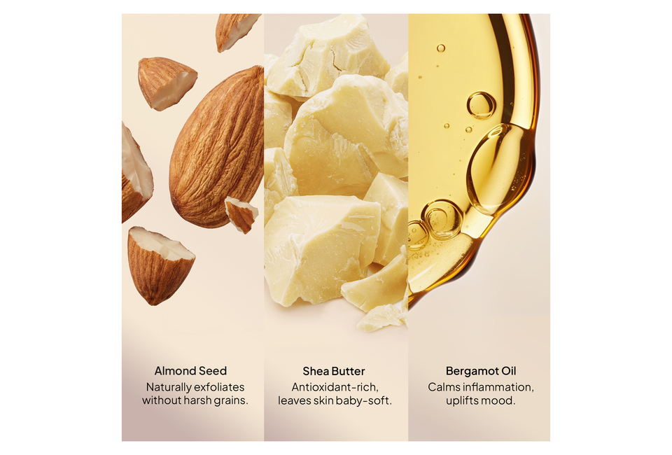 Hạt hạnh nhân, bơ shea và tinh dầu bergamot trong Tẩy Tế Bào Chết Toàn Thân Hạnh Nhân CoBa’s Daughter Body Exfoliator 70gr, giúp nhẹ nhàng tẩy tế bào chết, làm mềm da và nâng cao tinh thần.