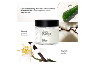 CoBa’s Daughter Aloe Soothing Gel 70gr, a hydrating product featuring aloe vera, coconut oil, and keynotes of tropical coconut and vanilla, ideal for soothing skin after sun exposure.