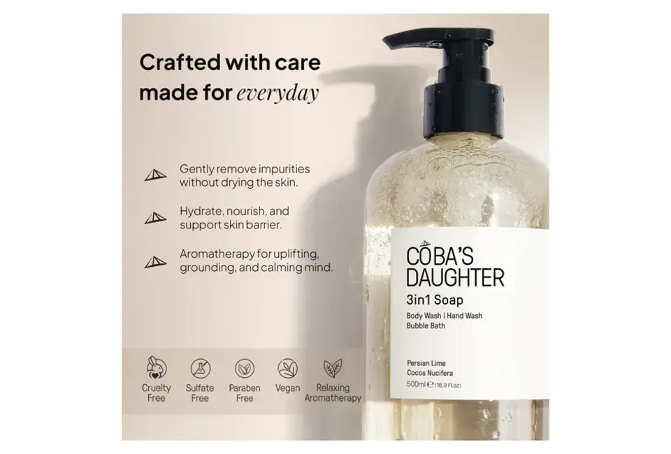 Gel Tắm Rửa tay Tắm Bồn CoBa's Daughter 3in1 Bodywash, Hand Wash and Bubble Bath 500ml - Persian Lime & Cocos Nucifera giúp loại bỏ tạp chất, cung cấp độ ẩm và hỗ trợ rào cản da với hương thơm thư giãn.