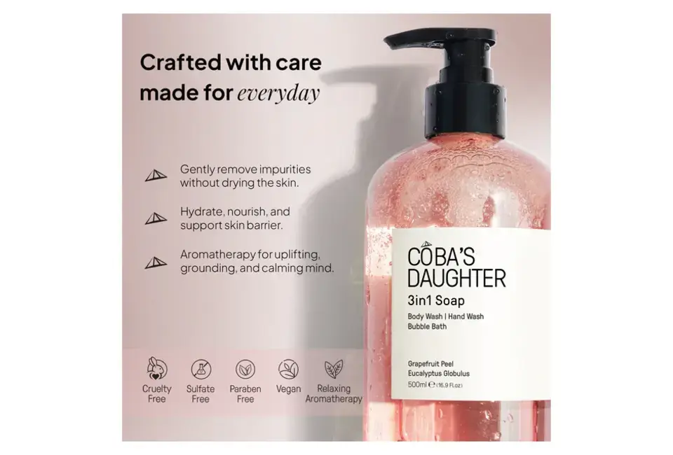 Gel Tắm Rửa tay Tắm Bồn CoBa's Daughter 3in1 Bodywash, Hand Wash and Bubble Bath 500ml - Grapefruit Peel & Eucalyptus Globulus với các thành phần tự nhiên giúp làm sạch và giữ ẩm cho da, sản phẩm không chứa sulfat, paraben, hoàn toàn thuần chay, mang lại trải nghiệm mát xa thư giãn.