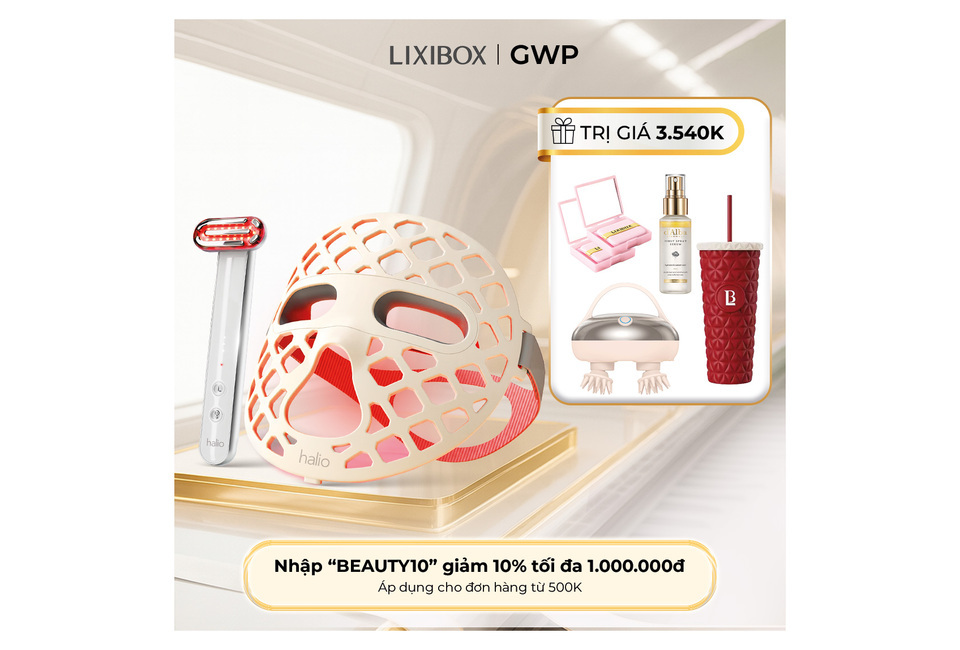 Combo Tái Tạo & Phục Hồi bao gồm mặt nạ LED halio, dụng cụ massage và sản phẩm chăm sóc da. Khuyến mãi giảm 10% cho đơn hàng từ 500k với mã "BEAUTY10".