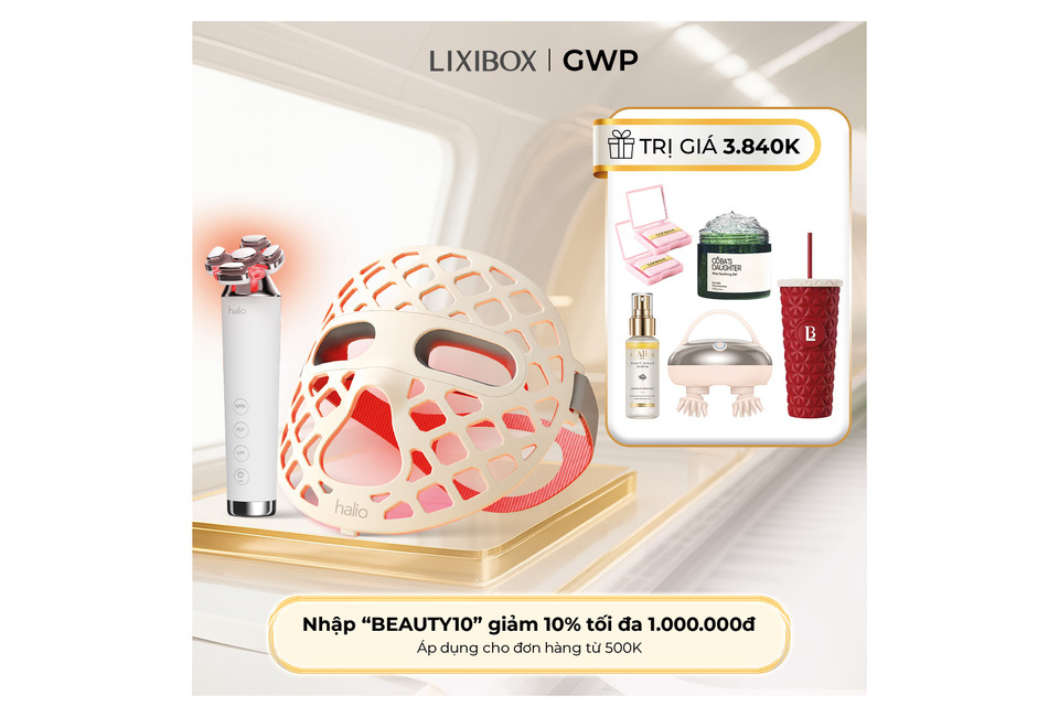 Combo Nâng Cơ & Làm Sáng với sản phẩm điều trị sắc đẹp, bao gồm mặt nạ halio và máy massage. Khuyến mãi giảm 10% với mã "BEAUTY10" cho đơn hàng từ 500.000đ. Tổng giá trị quà tặng 3.840K.