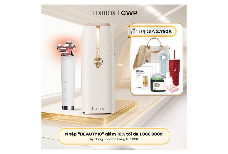 Combo Mịn Màng Chuẩn Góc của LIXIBOX gồm thiết bị làm đẹp Halio cùng một số sản phẩm chăm sóc sắc đẹp khác, kèm theo ưu đãi giảm giá 10% với mã "BEAUTY10" cho đơn hàng từ 500K.