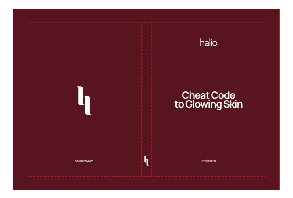 Sổ Tay Halio Cheat Code to Glowing Skin có thiết kế màu burgundy tinh tế, với tên sản phẩm được in nổi bật. Thông tin liên lạc trên bìa giúp người dùng dễ dàng truy cập.