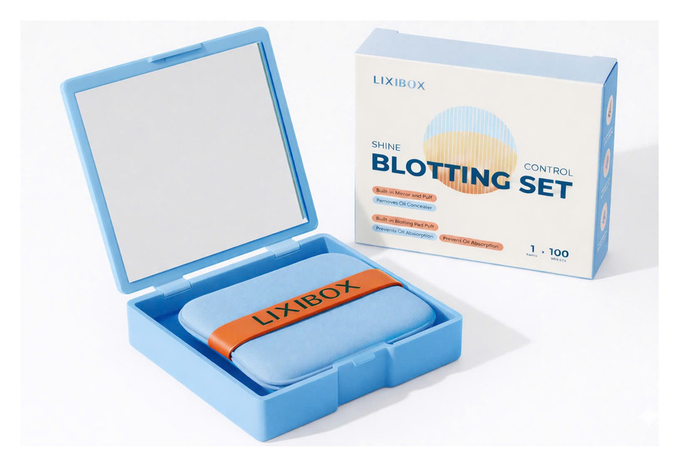 Giấy thấm dầu Lixibox Shine Control Blotting Set - Màu Xanh với hộp tiện lợi, gương và bông trang điểm. Sản phẩm giúp kiểm soát dầu mặt hiệu quả.