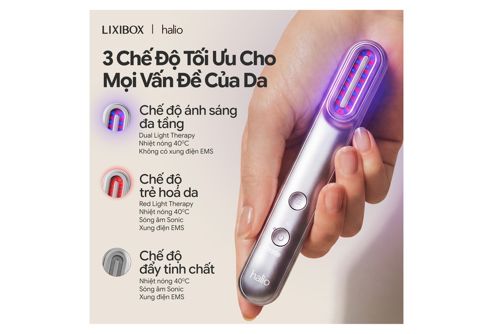 Sản phẩm Combo Longevity Halio x Paula's Choice với ba chế độ tối ưu cho mọi vấn đề của da: Dual Light Therapy, Red Light Therapy và Sonic EMS.