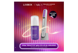 Bo sản phẩm Combo Longevity Halio x Paula's Choice gồm serum CellularYouth và thiết bị Halio, nổi bật trên nền gradient màu sắc. Khuyến mãi đặc biệt với mã "BEAUTY10" giảm 10% cho đơn hàng từ 500K.