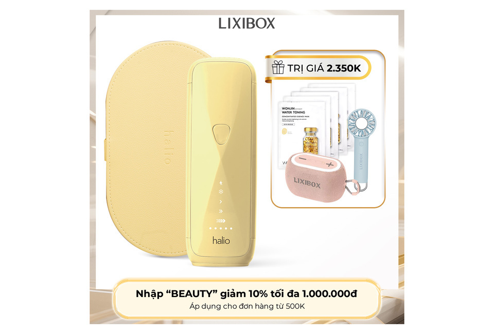 Máy Triệt Lông Halio SilkGlow IPL Sapphire Cooling Hair Removal Device - Yellow, đi kèm hộp bảo quản sang trọng. Khuyến mãi nhập "BEAUTY" giảm 10% cho đơn hàng từ 500K.