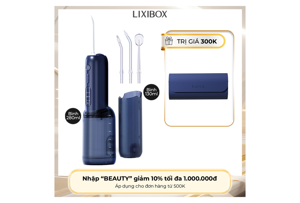 Máy Tăm Nước 2 Bình Thay Thế Halio UltraClean Express Hydro Floss Phiên Bản Nâng Cấp Dành Cho Răng Niềng màu Ocean Blue, bao gồm thiêt bị, 2 bình nước (130ml và 280ml) và bộ đầu vòi tiện lợi. Dịch vụ ưu đãi giảm giá và quà tặng tại LIXIBOX.