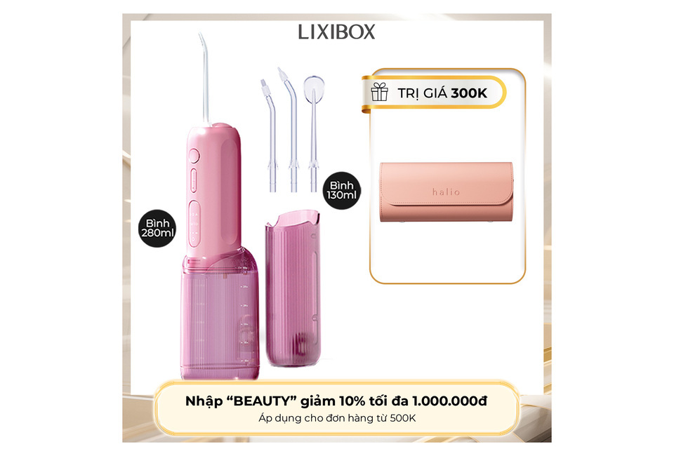Máy Tăm Nước 2 Bình Thay Thế Halio UltraClean Express Hydro Floss Phiên Bản Nâng Cấp Dành Cho Răng Niềng - Muted Rose sở hữu 2 bình chứa 280 ml và 130 ml, cùng nhiều đầu vòi tiện lợi, giúp chăm sóc răng miệng hiệu quả. Kèm theo hộp đựng sang trọng.
