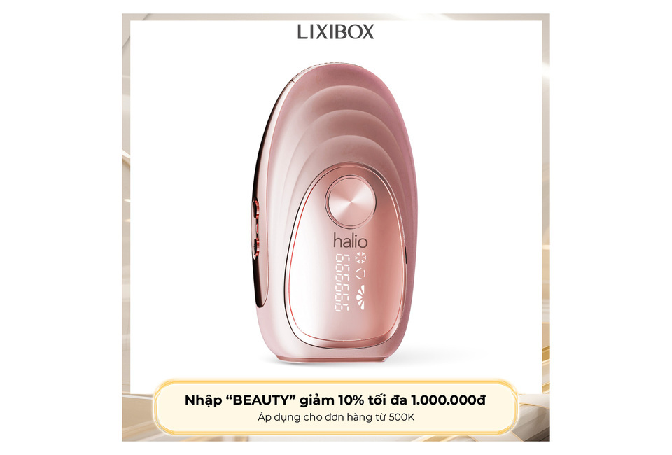 Máy Triệt Lông Lạnh Cá Nhân Halio IPL Cooling Hair Removal Device màu hồng, thiết kế hiện đại với màn hình hiển thị. Nhập "BEAUTY" giảm 10% tối đa 1.000.000đ cho đơn hàng từ 500K.