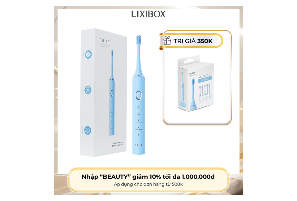 Bàn chải điện Halio Sonic SmartClean Electric Toothbrush Sky Blue, đi kèm hộp và thông tin giảm giá 10% cho đơn hàng từ 500K, sản phẩm lợi ích cho sức khỏe răng miệng.