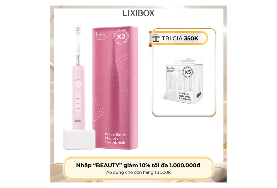 Bàn chải điện tích hợp công nghệ chuyển động kép Halio Wave Sonic Electric Toothbrush - Pink Whisper với thiết kế tinh tế, hiệu suất làm sạch vượt trội và đi kèm với đầu bàn chải thay thế.