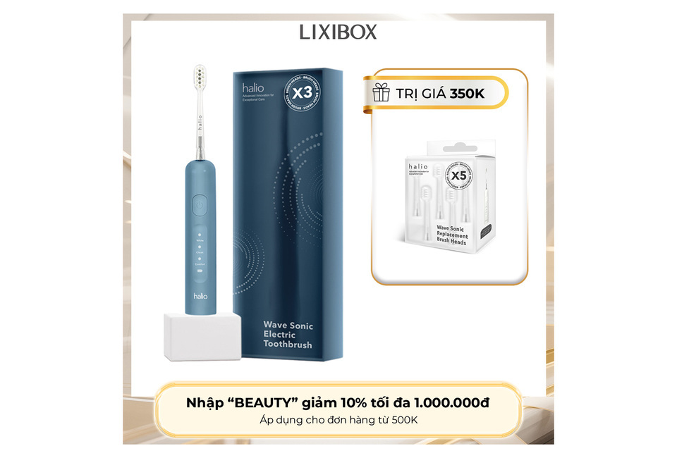 Bàn chải điện tích hợp công nghệ chuyển động kép Halio Wave Sonic Electric Toothbrush - Smoky Sky với thiết kế hiện đại, kèm theo hộp đựng và 5 đầu bàn chải thay thế, lý tưởng cho việc chăm sóc răng miệng hàng ngày.