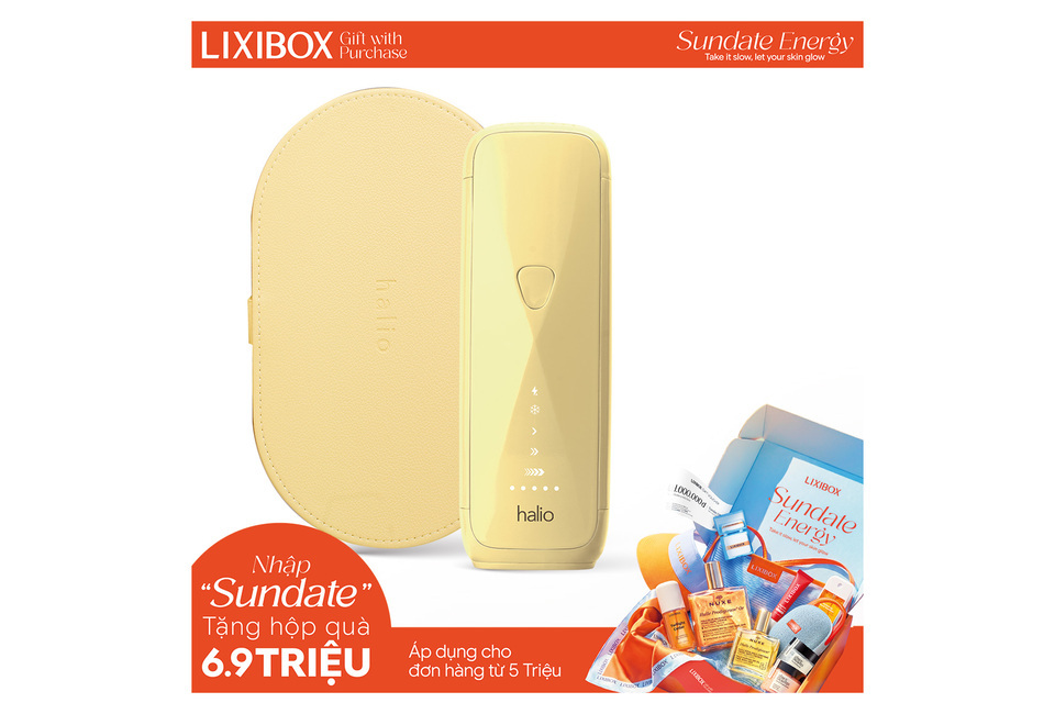 Máy Triệt Lông Halio SilkGlow IPL Sapphire Cooling Hair Removal Device - Yellow, đi kèm với hộp màu vàng, cung cấp công nghệ triệt lông IPL hiện đại. Sản phẩm lý tưởng cho việc chăm sóc sắc đẹp tại nhà.