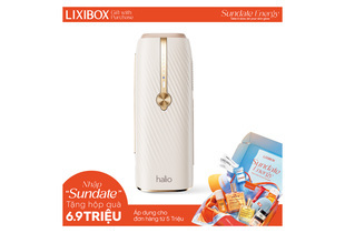 Máy Triệt Lông Lạnh Sapphire Halio InfinityGlow Advanced IPL Sapphire Cooling Hair Removal Device - Beige với thiết kế tinh tế, đi kèm quà tặng hấp dẫn từ LIXIBOX và thông tin ưu đãi liên quan đến Sundate Energy.