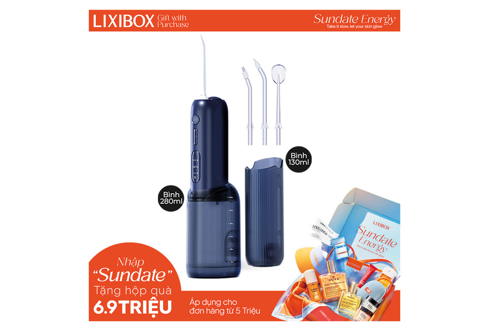 Máy Tăm Nước 2 Bình Thay Thế Halio UltraClean Express Hydro Floss Phiên Bản Nâng Cấp Dành Cho Răng Niềng - Ocean Blue, đi kèm với 3 đầu tăm và 2 bình chứa nước, giúp làm sạch răng miệng hiệu quả.
