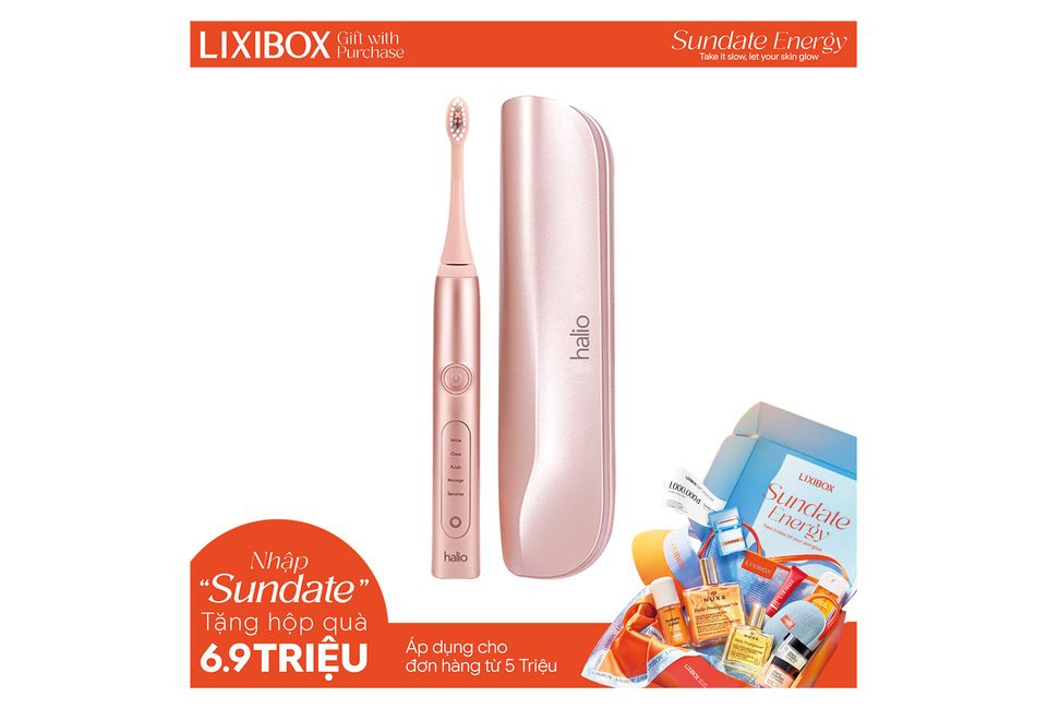 Bàn chải điện làm trắng răng Halio Sonic Whitening Toothbrush màu hồng, kèm hộp bảo quản tiện lợi. Sản phẩm đi kèm chương trình khuyến mãi đặc biệt của LIXIBOX cho đơn hàng từ 5 triệu đồng.