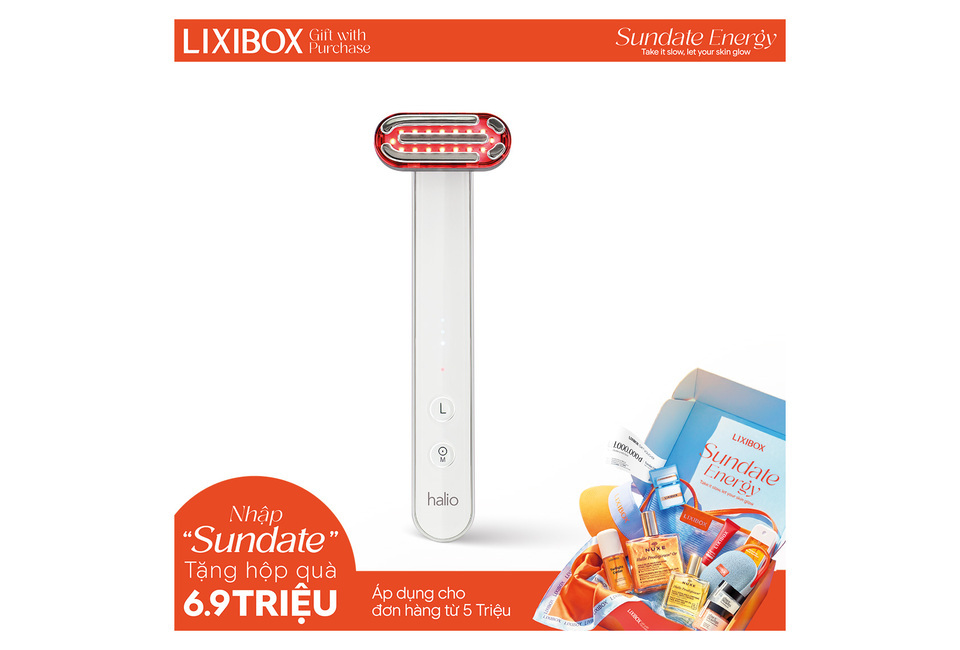 Máy Ánh Sáng Đỏ Tăng Sinh Collagen Halio Red Light Therapy Device 3 in 1, thiết bị chăm sóc sức khỏe da với tính năng đa năng, nằm cùng quà tặng Sundate Energy từ LIXIBOX, hoàn hảo cho liệu trình làm đẹp hiệu quả.