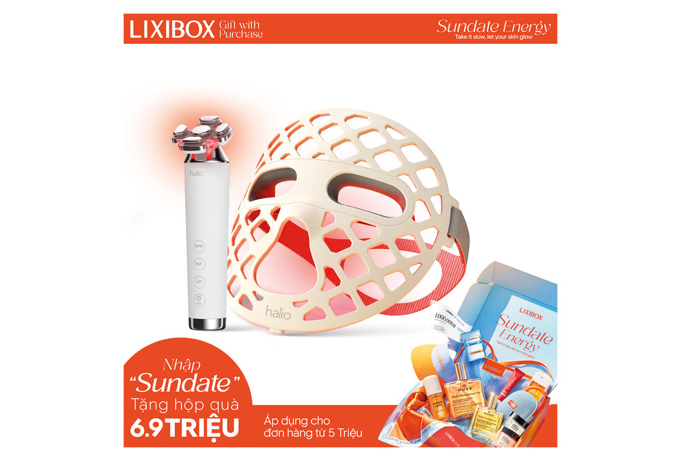 Combo Nâng Cơ & Làm Sáng từ Halio bao gồm thiết bị chăm sóc da mặt hiện đại và mặt nạ ánh sáng, giúp cải thiện làn da hiệu quả. Chương trình khuyến mãi "Nhập Sundate" với quà tặng giá trị 6.9 triệu đồng cho đơn hàng từ 5 triệu.
