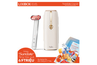 Hộp sản phẩm Combo Mịn Mát và Trẻ Hóa từ Halio, bao gồm thiết bị chăm sóc da và các sản phẩm bổ sung; ưu đãi quà tặng khi mua hàng từ 5 triệu.