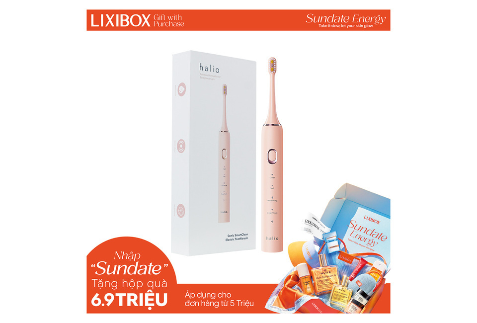 Bàn chải điện Halio Sonic SmartClean Electric Toothbrush màu hồng, kèm hộp sản phẩm, có chức năng chăm sóc và làm trắng răng, từ Lixibox, với thông tin quà tặng khi mua hàng.