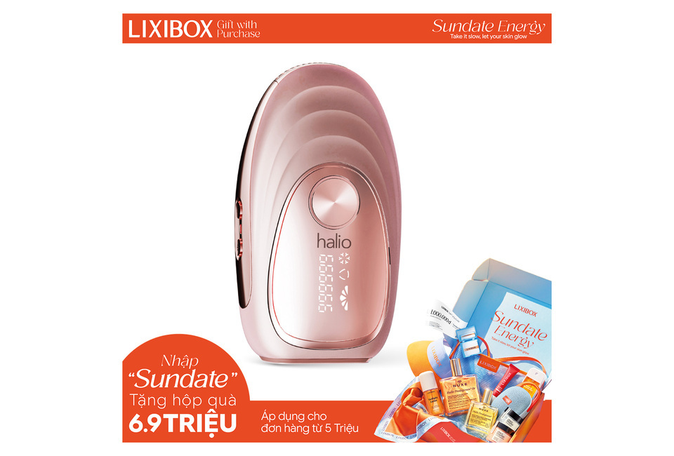 Máy Triệt Lông Lạnh Cá Nhân Halio IPL Cooling Hair Removal Device màu hồng, thiết kế tinh tế với màn hình hiển thị, đi kèm quà tặng hấp dẫn từ LIXIBOX và Sundate Energy. Tiện lợi cho việc triệt lông tại nhà.