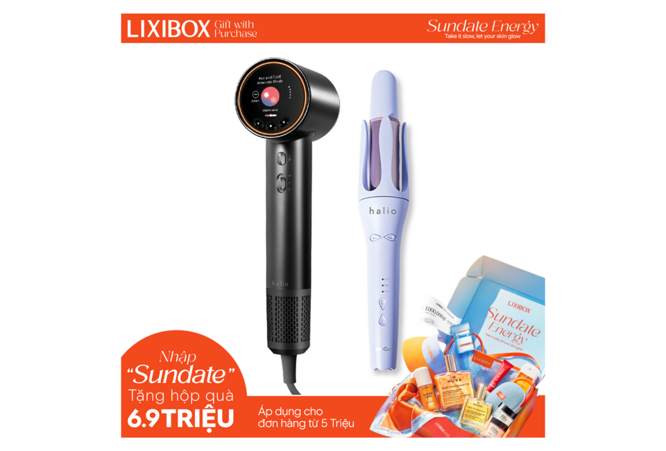 Combo Tóc Xinh Chớp Mắt gồm thiết bị tạo kiểu tóc từ halio, đi kèm với các ưu đãi đặc biệt khi mua hàng, như khuyến mãi áp dụng cho đơn hàng từ 5 triệu đồng và quà tặng hấp dẫn.