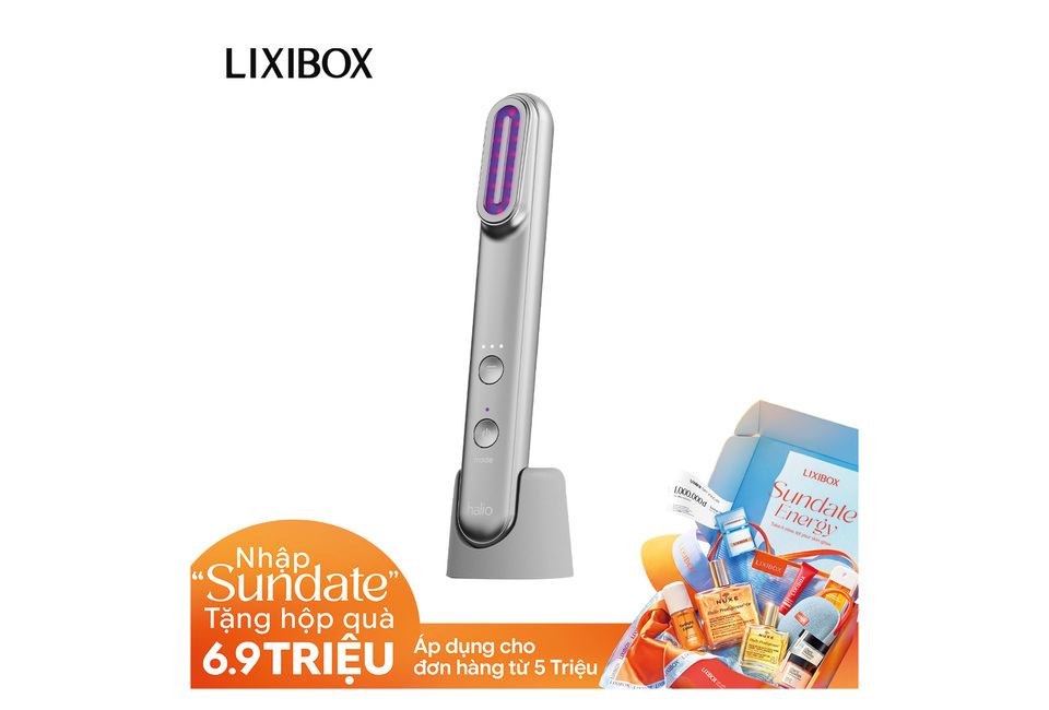 Máy Phức Hợp Ánh Sáng Đa Tầng Halio Pro được đặt trên đế, kèm theo thông tin khuyến mãi từ LIXIBOX với đề xuất quà tặng cho đơn hàng. Thiết kế hiện đại, tiện lợi cho chăm sóc da.