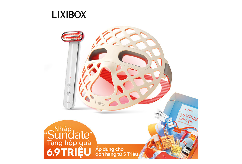 Box Combo Tái Tạo & Phục Hồi với mặt nạ halio và thiết bị chăm sóc sắc đẹp, khuyến mãi với mã 'Sundate' tặng quà trị giá 6.9 triệu.