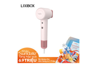 Máy Sấy Tóc Halio High Speed Ionic Hair Dryer màu hồng, có nút điều chỉnh tốc độ, cùng với hộp quà kèm theo từ LIXIBOX, mang đến sự tiện lợi và phong cách cho việc làm khô tóc.