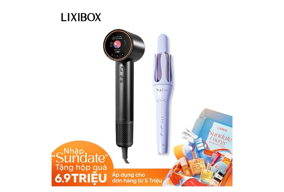 Combo Tóc Xinh Chớp Mắt với máy sấy Halio và máy tạo kiểu tóc Halio. Khuyến mãi hấp dẫn 6.9 triệu khi nhập Sundate. Áp dụng cho đơn hàng từ 5 triệu. Bảng sản phẩm đa dạng và chất lượng tại LIXIBOX.