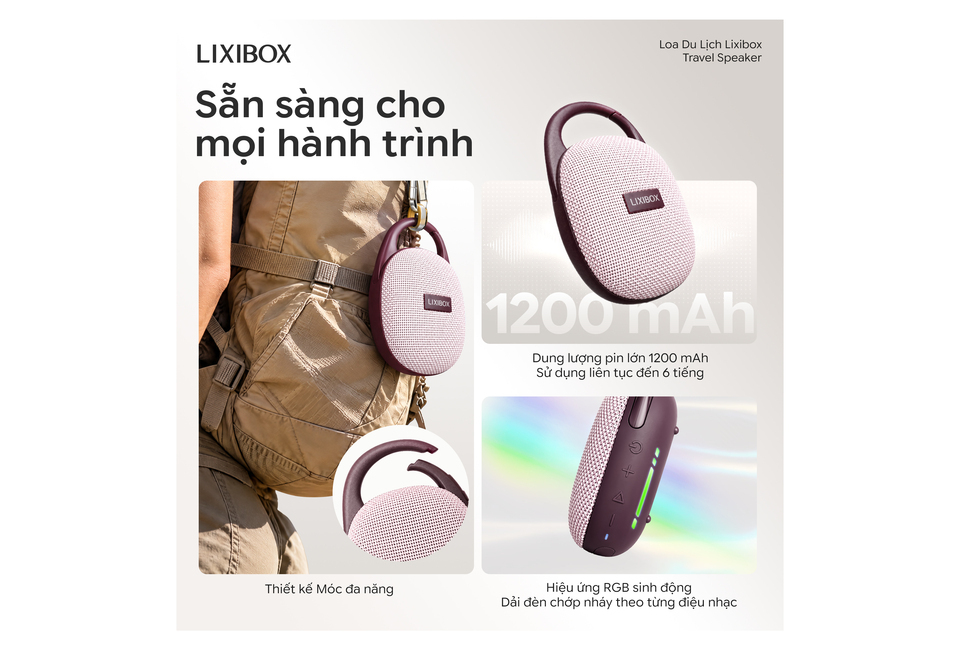 Loa du lịch Lixibox Travel Speaker - Rosy Brown, 1200 mAh, sử dụng liên tục đến 6 giờ, thiết kế móc đa năng, ánh sáng RGB sinh động theo nhạc, lý tưởng cho mọi hành trình.