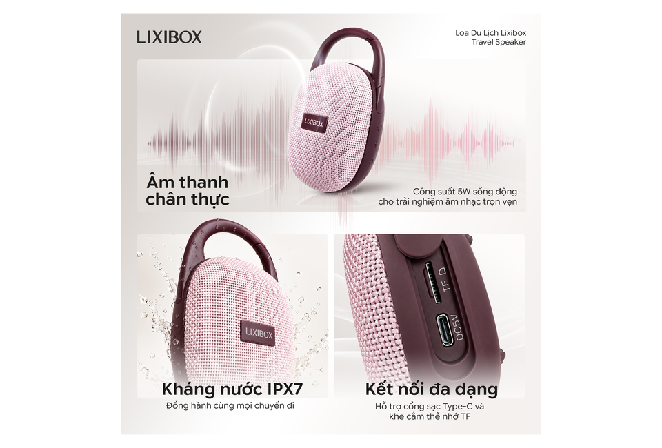 Loa Du Lịch Lixibox - loa di động với công suất 5W, âm thanh chân thực, khả năng chống nước IPX7, kết nối đa dạng với cổng Type-C và khe cắm thẻ nhớ TF, lý tưởng cho mỗi chuyến đi.
