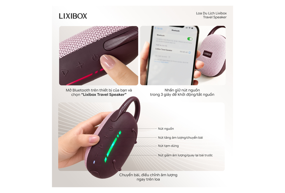 Loa Du Lịch Lixibox Travel Speaker có các nút điều chỉnh âm lượng và chuyển bài. Hướng dẫn kết nối Bluetooth với thiết bị của bạn để trải nghiệm âm nhạc di động dễ dàng.