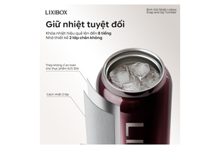 Bình Giữ Nhiệt Lixibox Snap and Sip Tumbler màu Burgundy với khả năng giữ nhiệt lên đến 8 tiếng, thiết kế 2 lớp chân không cho nhiệt độ tối ưu và chất liệu thép không gỉ an toàn cho thực phẩm SUS 304.