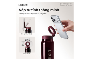 Bình Giữ Nhiệt Lixibox Snap and Sip Tumbler màu Burgundy với nắp từ thông minh, thiết kế phù hợp với mọi thiết bị MagSafe, có khả năng xoay 360 độ, tạo sự tiện lợi cho người sử dụng.