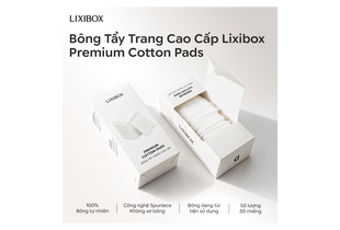 Bông Tẩy Trang Cao Cấp Lixibox Premium Cotton Pads 50 Miếng, được làm từ 100% bông tự nhiên với công nghệ Spunlace không xơ bông, tiện lợi cho việc sử dụng hàng ngày.