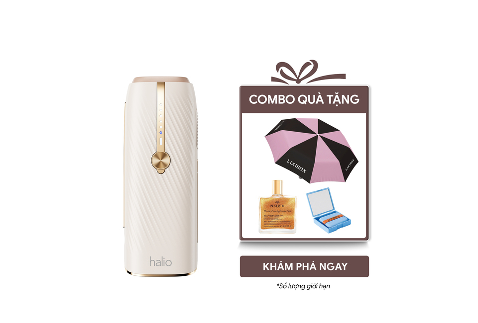 Máy Triệt Lông Lạnh Sapphire Halio InfinityGlow Advanced IPL Sapphire Cooling Hair Removal Device - Beige, bao gồm quà tặng hấp dẫn như ô và sản phẩm chăm sóc da NUXE.