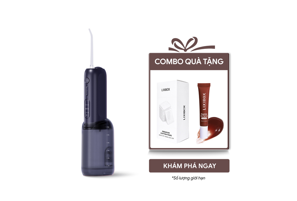Máy Tăm Nước 2 Bình Thay Thế Halio UltraClean Express Hydro Floss Phiên Bản Nâng Cấp Dành Cho Răng Niềng - Ocean Blue kèm theo combo quà tặng với sản phẩm LIXIBOX Premium Cotton Pads và Peptide Lip Symo, tiện lợi cho việc chăm sóc răng miệng và làm đẹp.