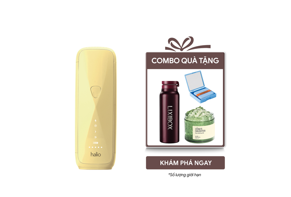 Máy Triệt Lông Halio SilkGlow IPL Sapphire Cooling Hair Removal Device - Yellow, kèm theo combo quà tặng bao gồm bình nước LIXIBOX, hộp đựng, và gel soothing.